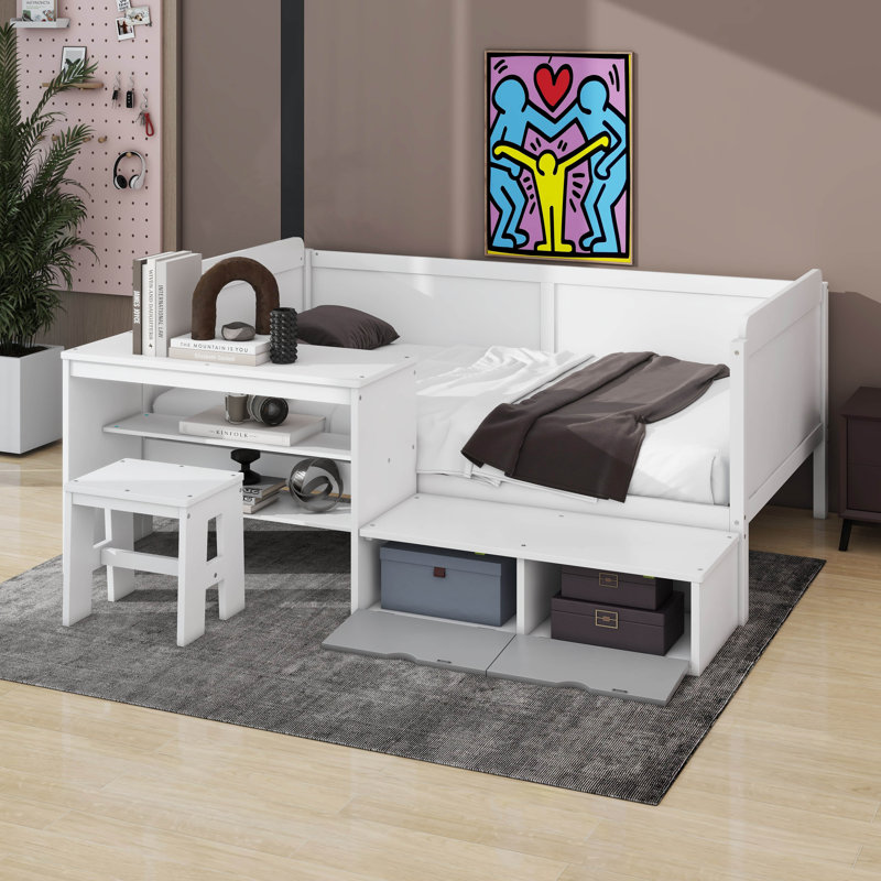 Dancy Twin Size Daybed With Desk And Shelves, Multi-Functional Bed Bed Frame With Lockers And Matching Stool, White