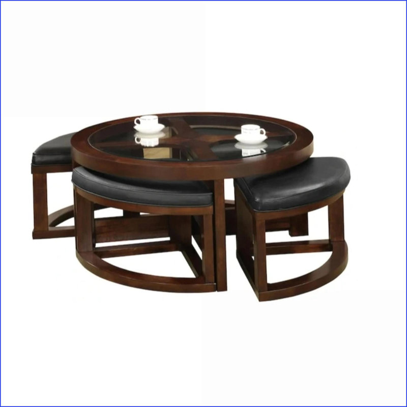 Table basse de salon en noyer foncé avec plateau en verre biseauté de 5 mm 4 repose-pieds inclus, multifonctionnels
