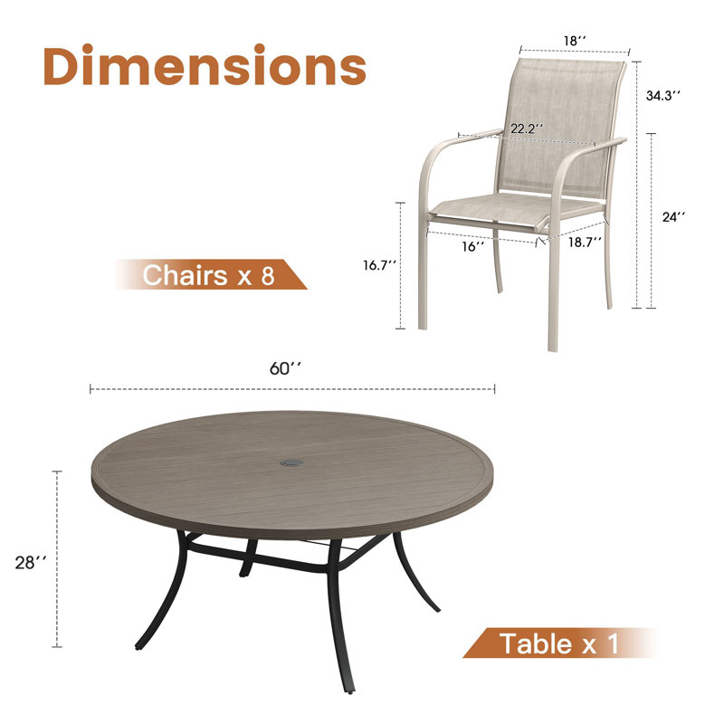 60" Patio dining set with Metal Round Dining Table and Stackable Armrest Dining Chairs, Brush Wood Gray/Sandshell