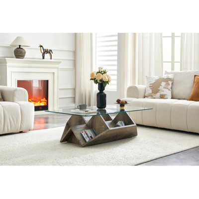 43.5" Modern Glass Top Coffee Table with Mountains Tray Design Wood Base for Living Room, Apartment, Study, Grey