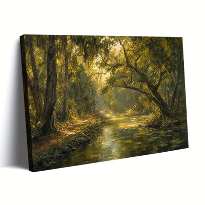 Sunlight Forest Stream Water Lily Canvas Wall Art Vintage Green Woodland Nature Landscape Oil Painting Print for Farmhouse Living Room Decor
