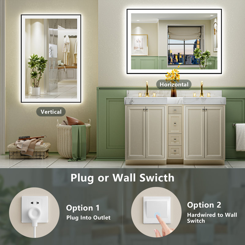 Tyeishia Matte Black Matel Framed LED Bathroom Mirror with Front-lit and Back-lit, Memory Function, 3 Color Temperatures & Dimmable Light, Anti-fog Tempered Glass