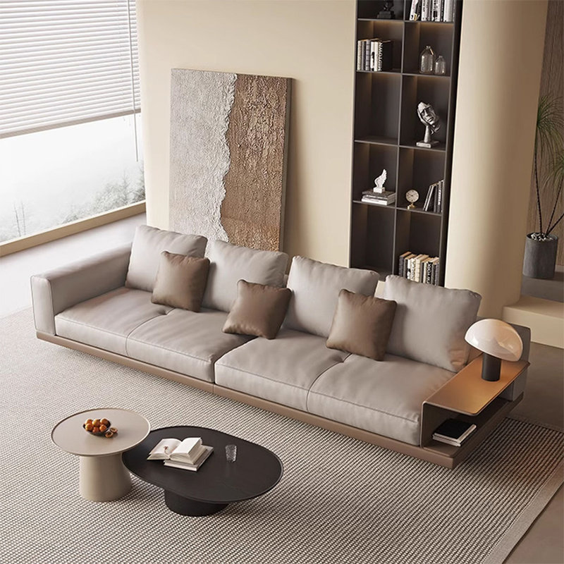 Khaki Genuine Leather Modular Sofa cushion couch, 34.25" H x 124.02" W x 40.16" D