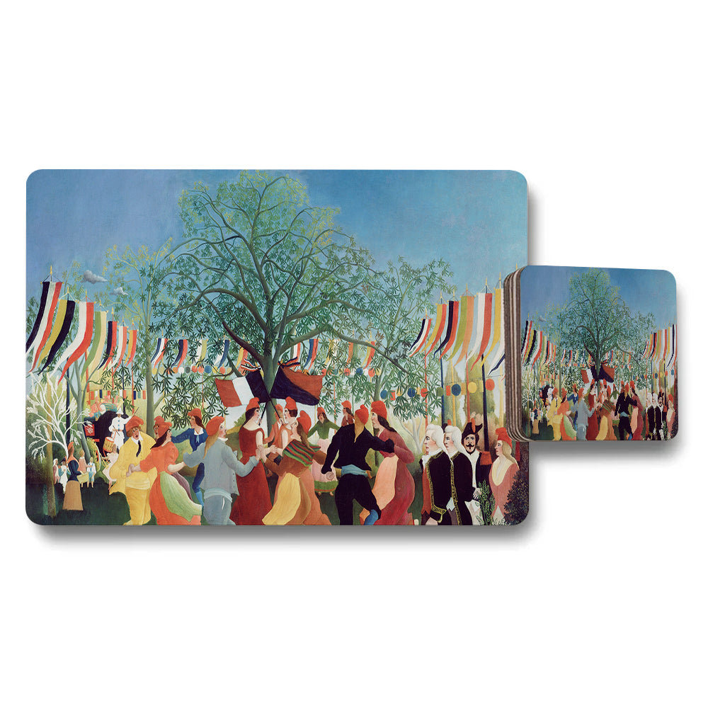 Festival Scene Placemat And Coaster Set With Colorful Flags