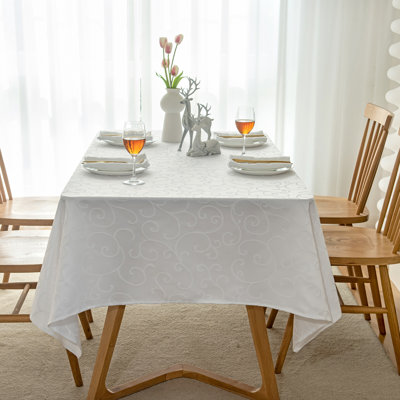 Marina Decoration Jacquard Waterproof Thick Elegant Soft Damask Branch Scroll Decorative Home Kitchen Table Cloth Liquid Repellent and Stain Resistant Tablecloth, White Color Oblong 52 x 70 Inch