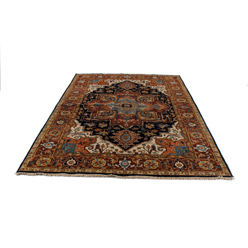 6x9 Ivory and Navy Turkish Oushak Rug