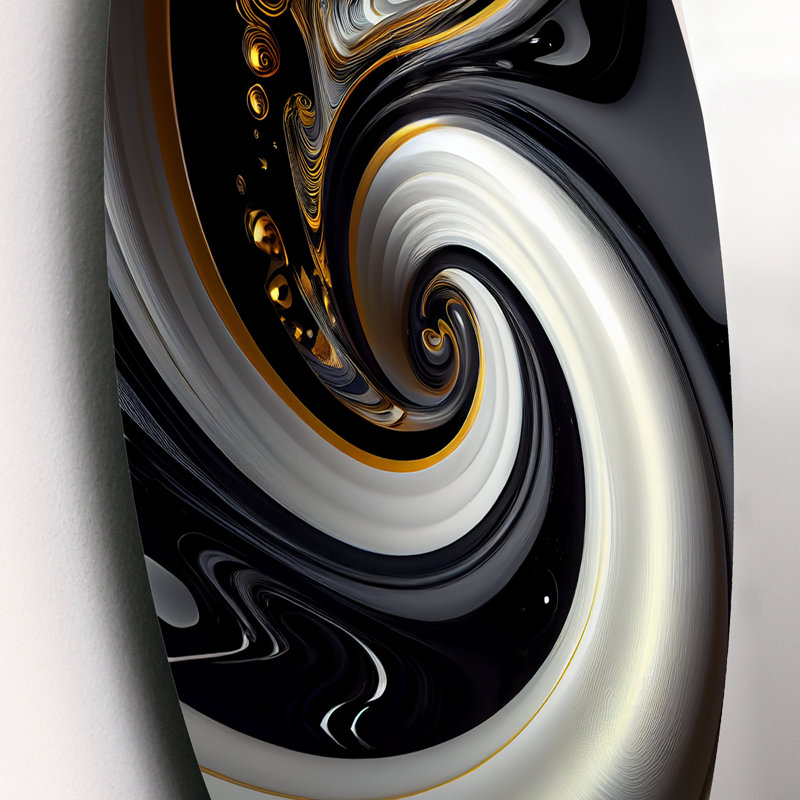 Vitrail doré noir et blanc VI - Spirales abstraites, art mural rond sur métal, L 23 po x H 23 po