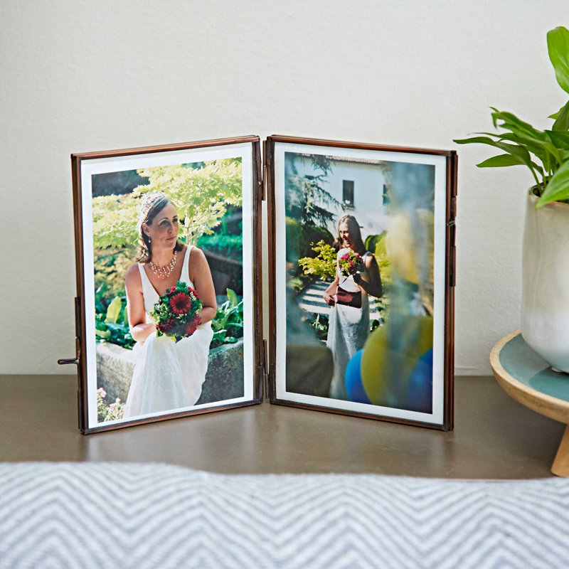 Antique Brass Recycled Glass Folded Double Photo Frame, 19cm H x 14cm W x 1cm D