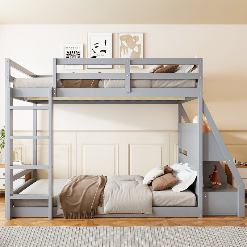 Lit superposé double avec lumières DEL, ports USB, tablettes de rangement et 2 tiroirs, Gris
