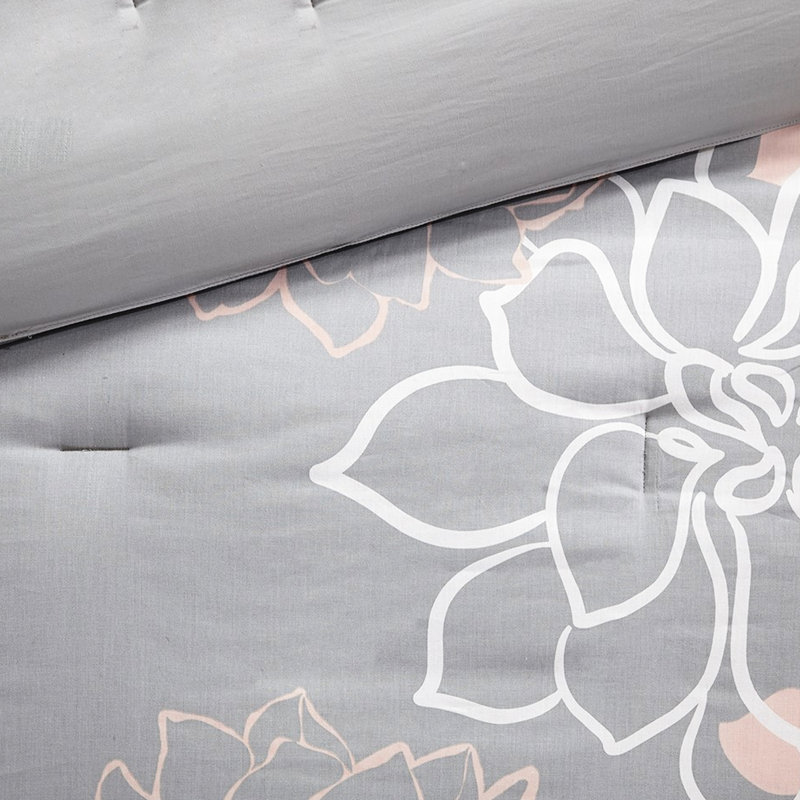 Édredon simple / simple en coton imprimé TG - gris / pêche avec jupe de lit et 3 coussins décoratifs, Grey/Peach