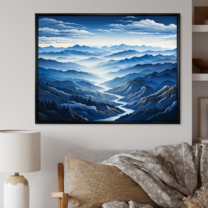 «Blue and White Mountain Majesty Panorama III - Landscape Mountains», art mural, Cadre flottant noir