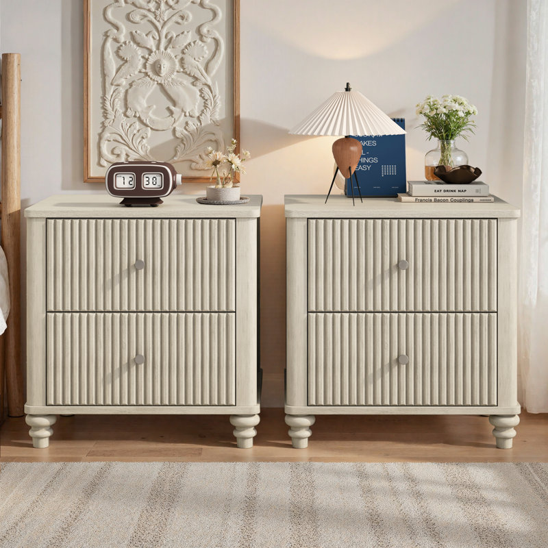 Table de chevet cannelée 2 pièces, table d'appoint de 21,65 po de largeur avec 3 tiroirs, table de chevet moderne en bois avec poignée en métal, table de chevet en bois pour la chambre à coucher, le salon et le placard