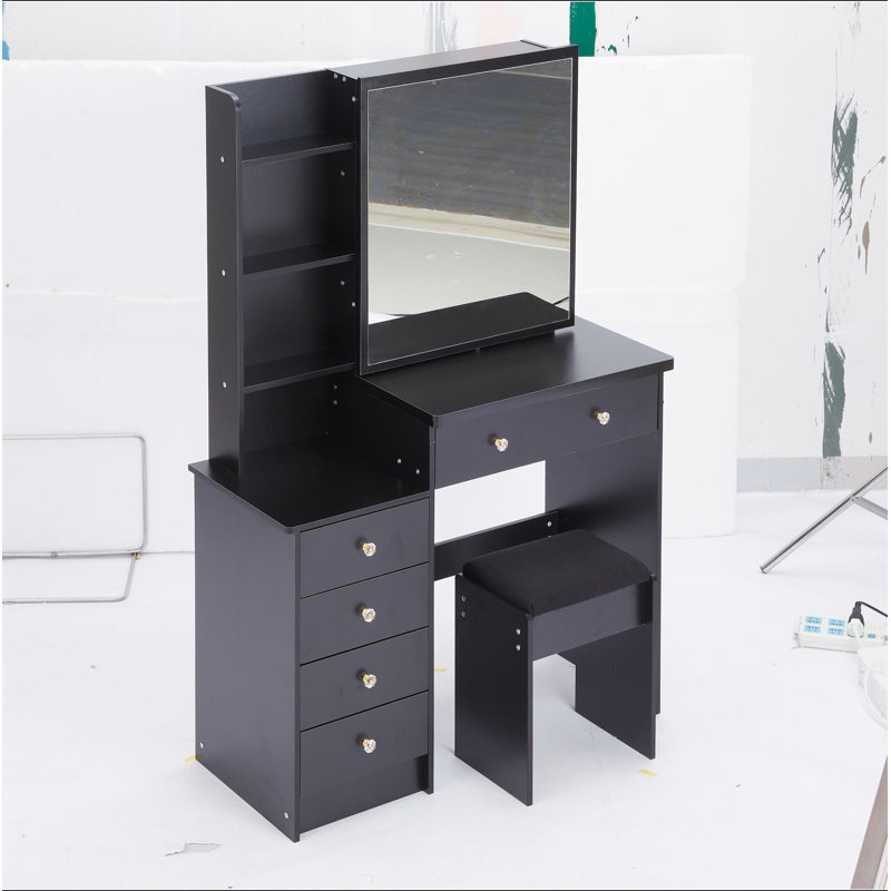 37" Middle Size Left Bedside Cabinet Vanity Table + Cushioned Stool, Extra Large Right Sliding Mirror, Multi Layer High Capacity Storage, Practical Fashionable Dresser, Suitable For Middle Space