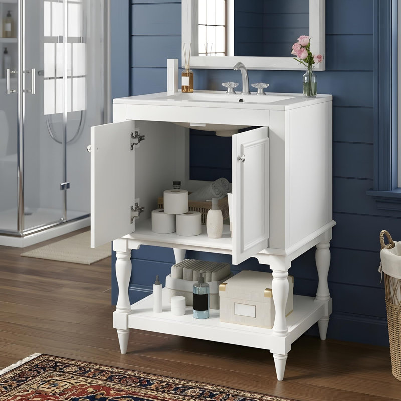 Meuble-lavabo de 24 po avec tablettes ouvertes et armoire avec portes, Blanc