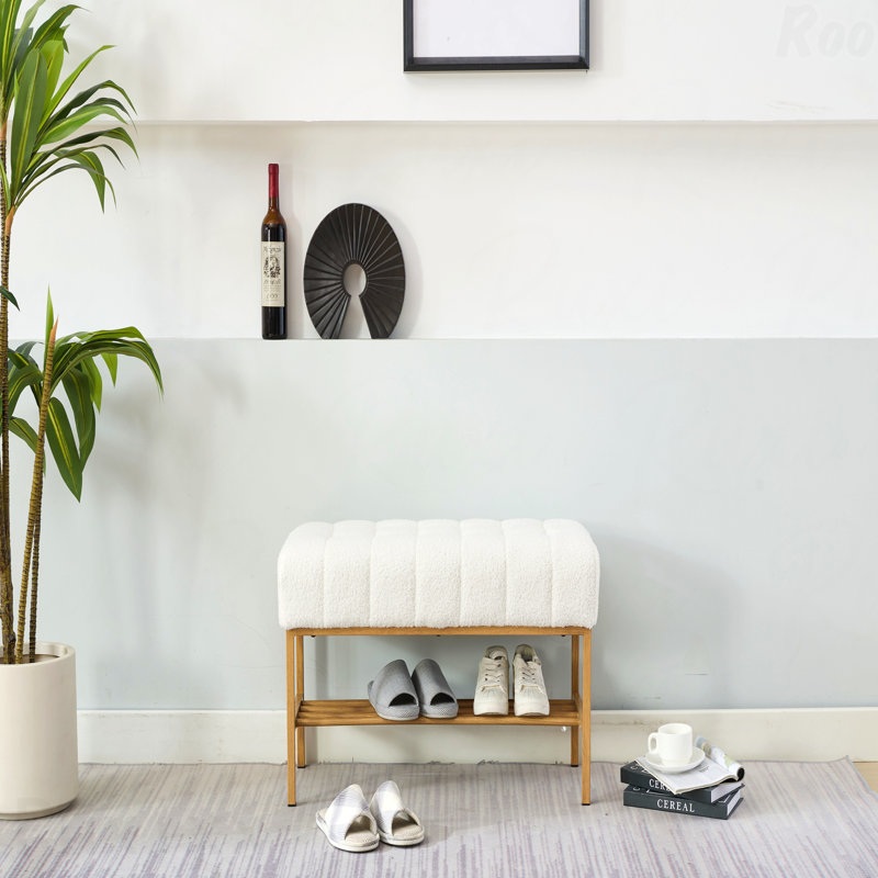 Extrémité de la chambre à coucher du banc de lit - Siège rembourré en tissu Teddy, pieds en métal, avec tablette et rangement pour chaussures