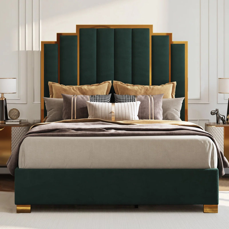 Grand lit plateforme tapissier Duncanville, crème, Grand, Vert