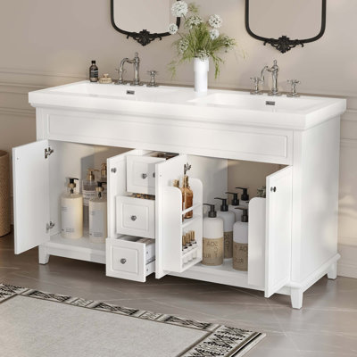 Meuble-lavabo 60 po avec lavabo double en résine, 3 tiroirs et 4 portes (2 avec tablettes à double couche), pieds en bois massif, fermeture en douceur