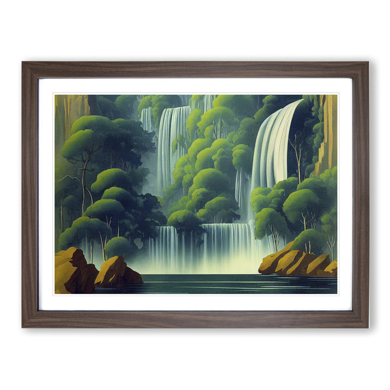 Placid Waterfall - Single Picture Frame Print, 34cm H x 46cm W x 2cm D, Walnut Framed