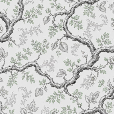 Papier peint pelez et collez Branche d'arbre botanique vintage Toile à motif floral gris doux sauge l 23,6 po x H 118 po Papier peint amovible auto-adhésif pour les armoires de chambre de bébé