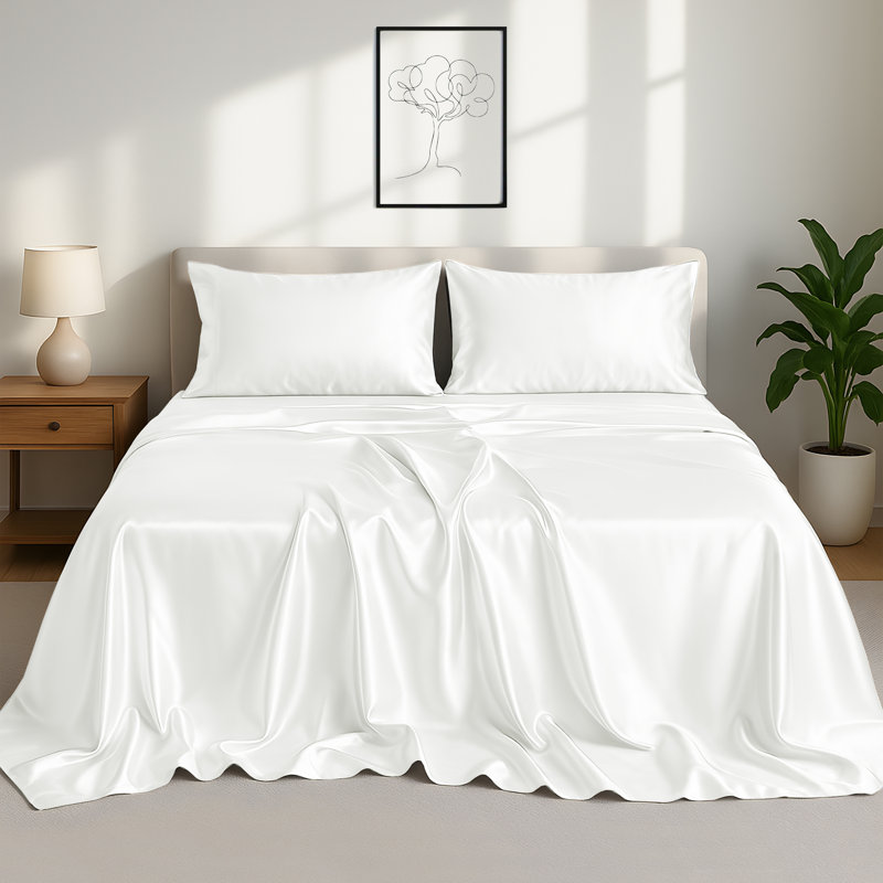 Drap-housse luxueux 4 pièces Lux Satin, Ensemble de draps pour très grand lit avec 2 taie, Blanc