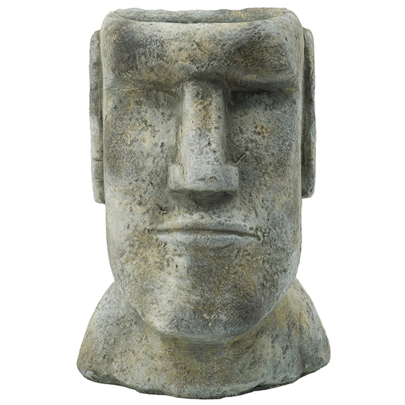 9 Inch Gray Cement Planter In Easter Island Style For Small To Medium Phlox, 5X5.5X9 Inches, 6.8 Lbs, Graceful Facial Features Begonias, Design