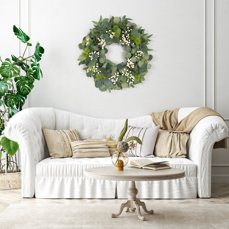 24" Spring Wreath for Front Door, Artificial Eucalyptus Leaf Wreath with White Berries, Natural Farmhouse Home Décor