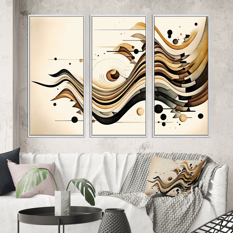 Mouvement brun et noir III - 3 pièces sur toile, H 28 po x l 36 po x P 1 po, Cadre blanc