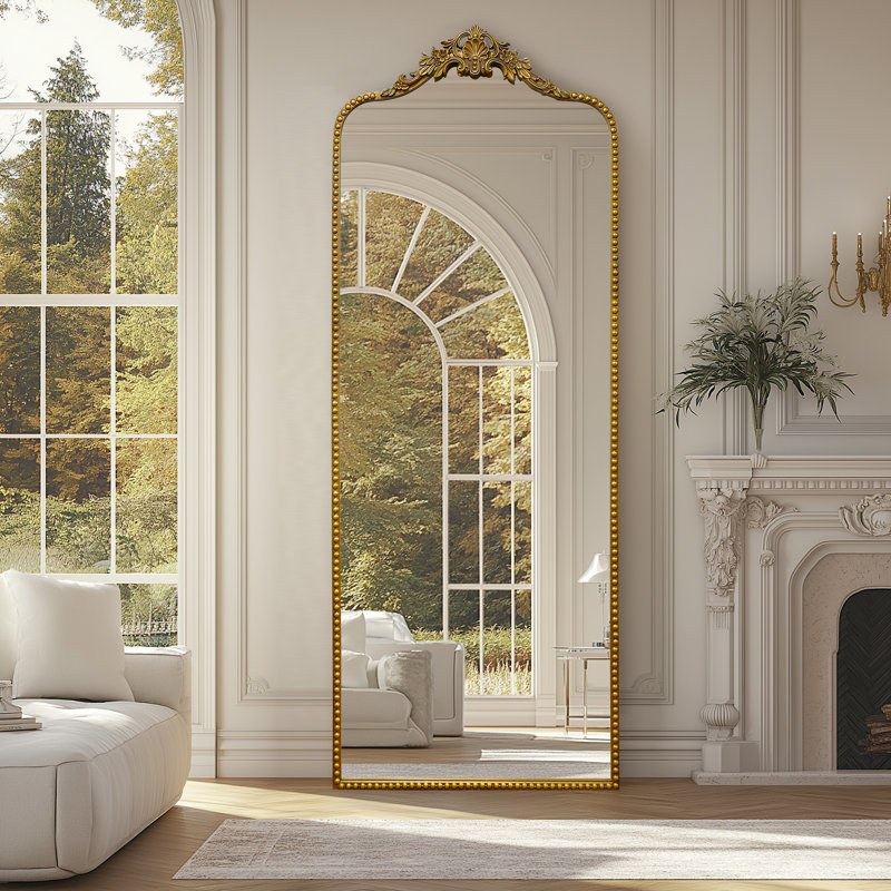 Miroir de plancher arqué antique orné pleine longueur avec autoportant, 75 x 30 po, 75 po x 30 po, Or rétro, Vertical