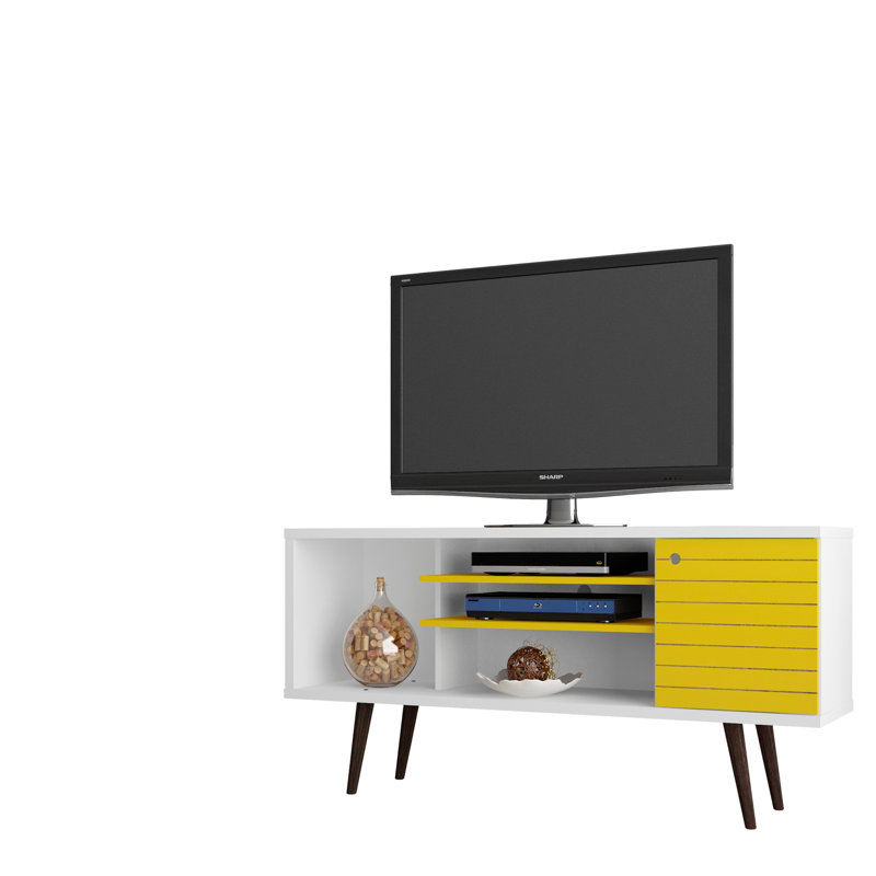 Meuble télé avec tablettes et armoire, Blanc / jaune