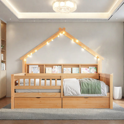 House Platform Bed With Led, Storage Shelves, Drawers And Guardrail by August Grove