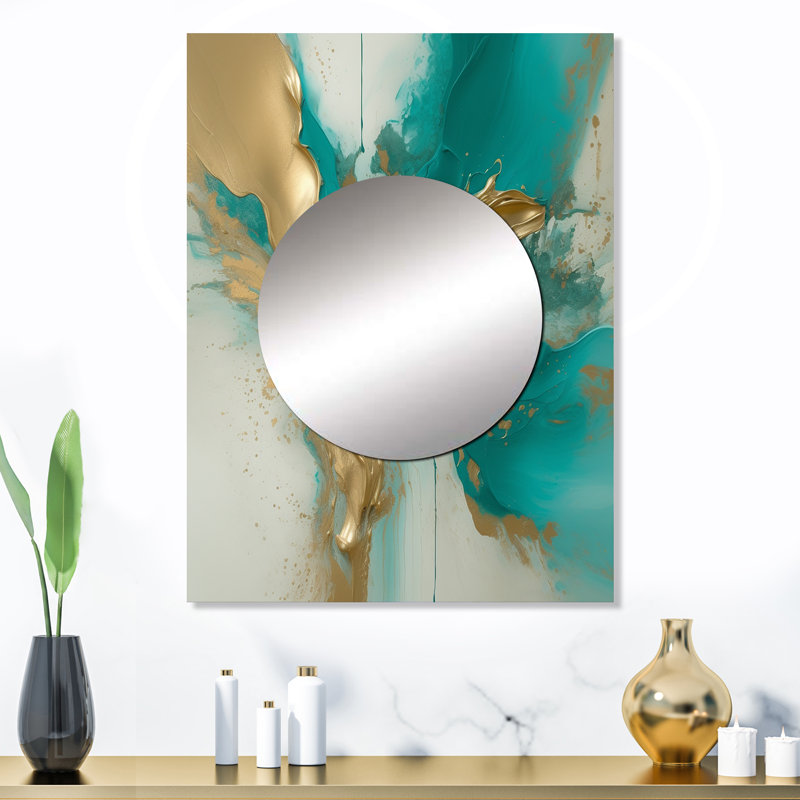 Marbre doré et turquoise Jatavis Fuild Ink II - miroir en marbre, miroir mural décoratif doré, impression d'art en métal