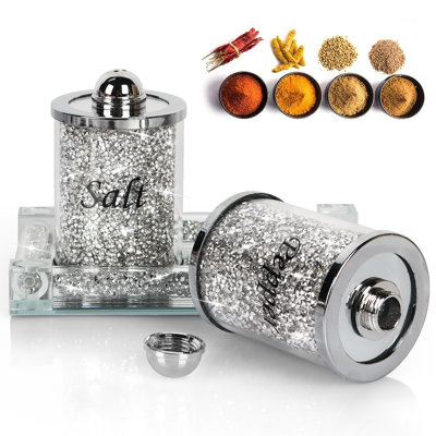 Crystal Salt and Pepper Shakers Set with Tray,Sparkly Crystal Crushed Diamond House Decor for Kitchen,Bling Salt Pepper Jar Container Pot for Countertop,saleros para cocina elegantes,Silver
