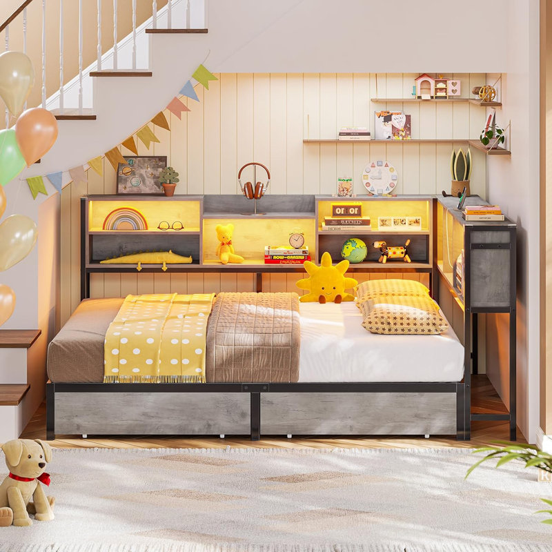 Corner Bed Frame With Storage Bookcase And Led Lights, Daybed With 2 Underneath Storage Drawers And Charging Station For Living Room,bedroom & Guest Room