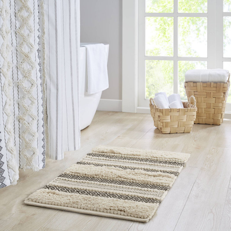 Nordic Shaggy Beige and Black Cotton Blend Bathroom Rug