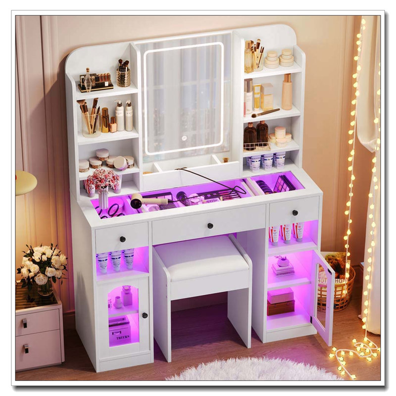 Bureau de coiffeuse 43,2 "avec miroir à DEL et tablettes de rangement et tabouret pour la chambre à coucher, Blanc