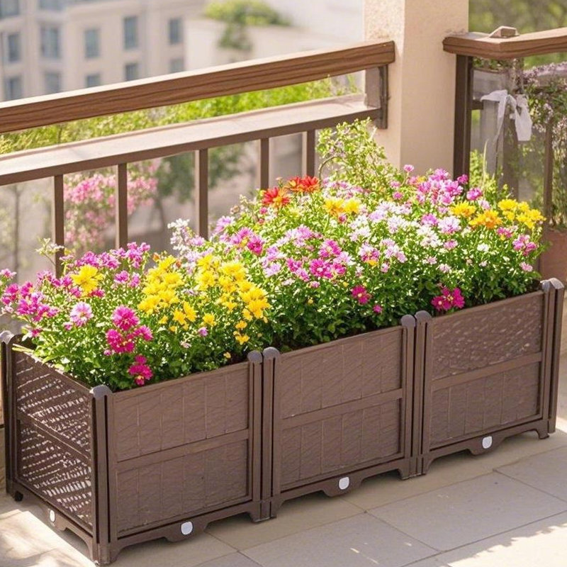 Ensemble de jardin rectangulaire en café - jardinière en polypropylène pour l'intérieur et l'extérieur. Peu encombrant, simple à construire. Plantez des légumes frais, des herbes, des fleurs, des plantes grasses. Préservé. Balcon idéal