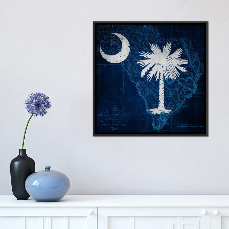«Flags South Carolina Map», impression sur toile tendue, H 18 po x l 18 po x P 1,5 po, Toile avec cadre flottant noir