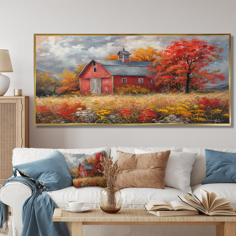 Automne rouge grange brise I - impressions encadrées de grange, Toile avec cadre flottant or, H 28 po x l 60 po x P 1,5 po