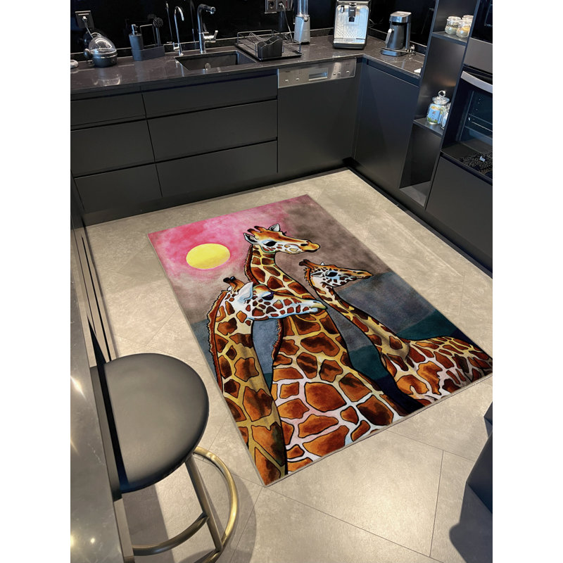 Multi-Colored Sunset and Giraffe Patterned Creative Modern Decorative Rug, Rectangle 3'3" x 6'7"