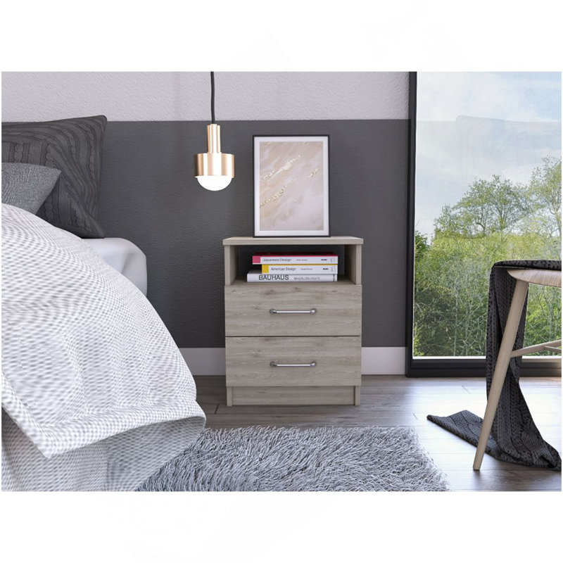 Table de chevet Oklahoma, deux tiroirs, une tablette, Beige