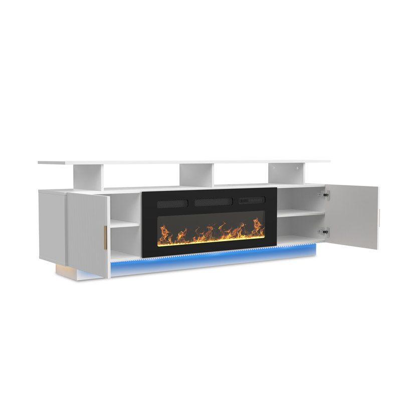 70" Modern Fireplace Tv Stand With Rgb Led Lights, Entertainment Center With Adjustable Shelves, Charging Ports, And Storage Cabinets For Tvs Up To 80", Black/white