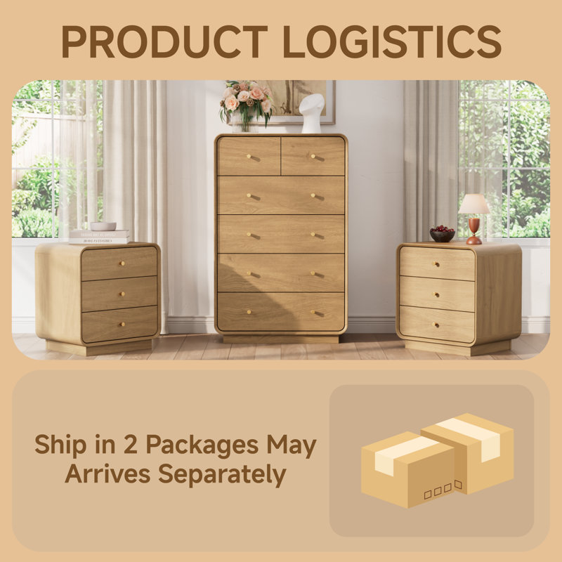 Ensemble de chambre à coucher, Chêne naturel, 3 Pcs: 2 Nightstands, Chest