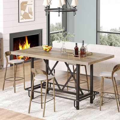 Counter Height Dining Table for 6, Industrial Rectangular Kitchen Table with Metal Footrest