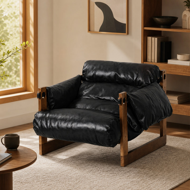 Large fauteuil d'appoint rembourré en similicuir avec structure en bois massif, Black
