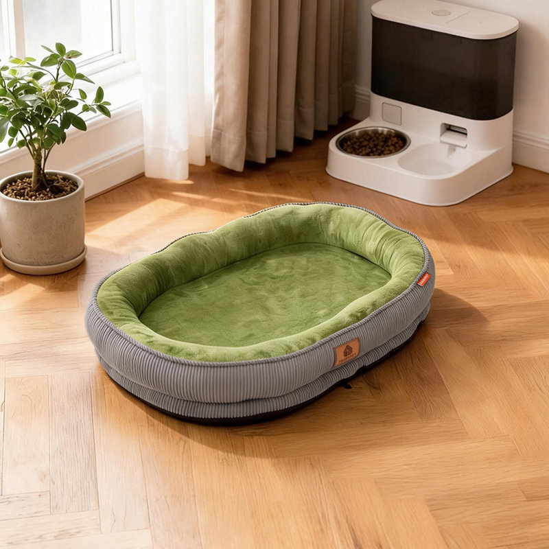 Corduroy Pet Bed, Green/Gray, Small (12.5cm H x 50cm W x 40cm D)