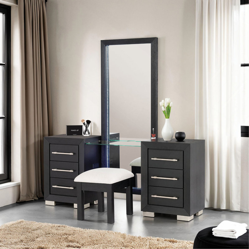 1Pc Vanity W/ Stool Metal Legs USB Port Ball Bearing Glides Glass Top Full Length Mirror Black Finish Bedroom Furniture