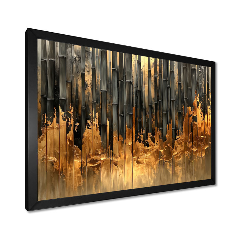 Golden Arashiyama Bamboo River I - art mural en bambou, Impression d'un seul cadre photo, Noir, H 12 po x l 20 po