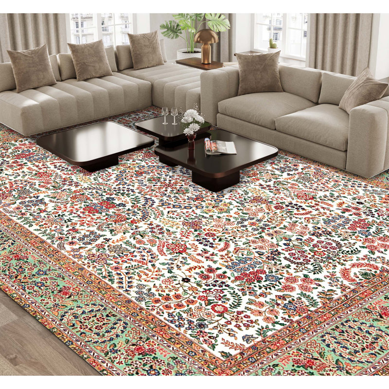 High-Quality Hand-Knotted Ivory And Light Green Area Rug