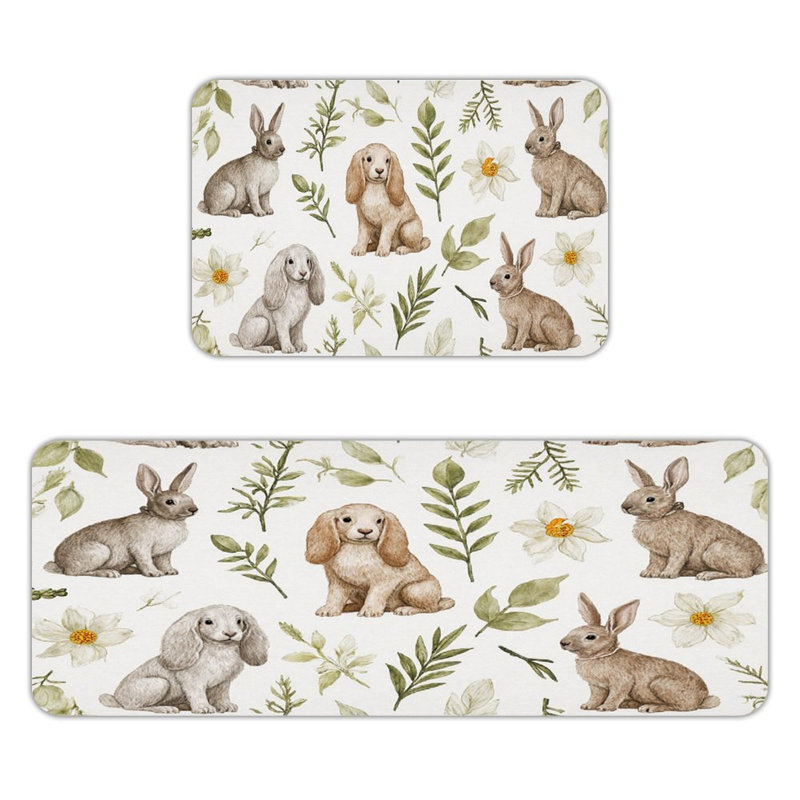 Watercolor Rabbits and Florals, Kitchen Mats Set of 2
