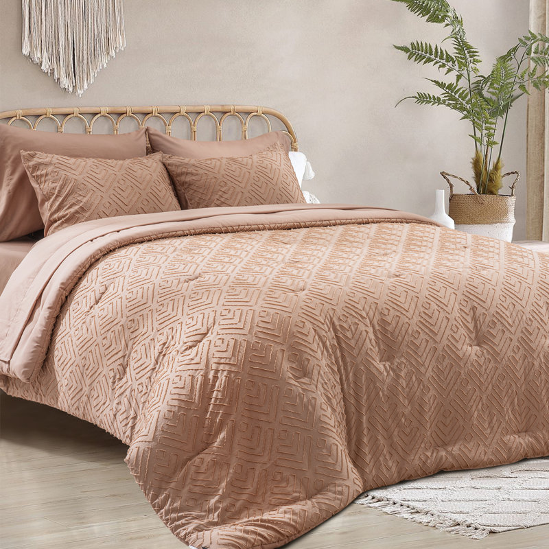Boho Clipped Jacquard Microfiber 7 Piece Comforter Set, Clay, Queen Comforter + 6 of Additional Pieces Included